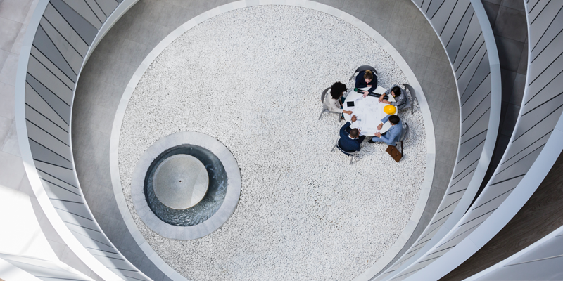 People having a meeting, as seen from above
