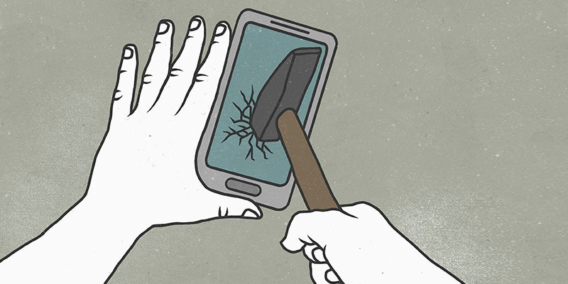 Tekening van een hand die een mobiele telefoon met een hamer kapotslaat